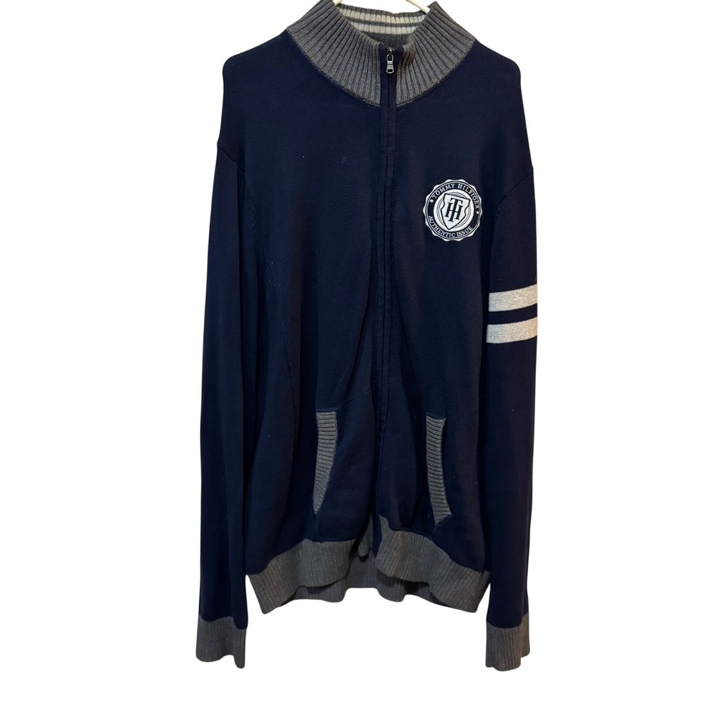 Tommy Hilfiger Full Zip Cardigan Mens XXL Navy Blue Good Varsity Crest Preppy